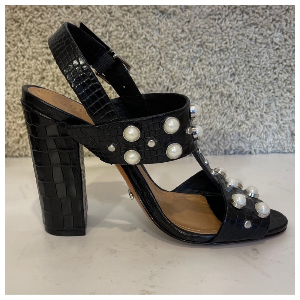 Schutz Zarita Sandal Black Leather open Toe Pearl Pump (6) - Picture 3 of 13